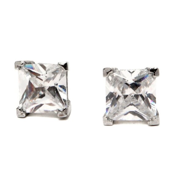 Cubic Zirconia CZ Clear Stud Earrings Square Cut Gems Silver - Picture 7 of 7